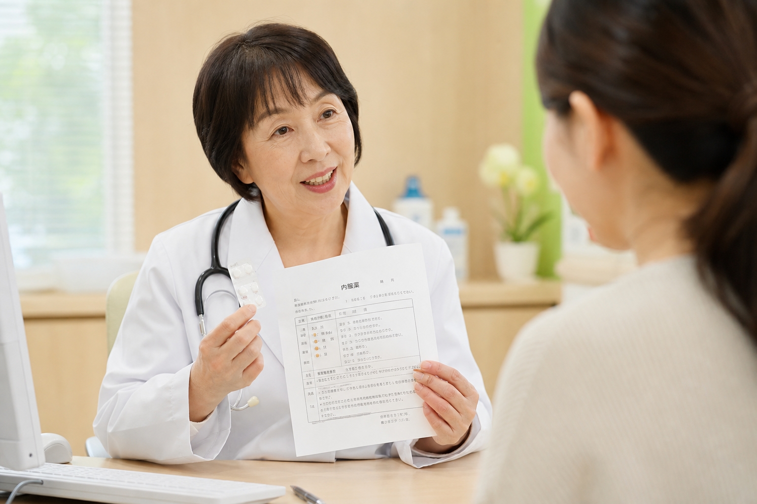 検査結果を見ながら説明する様子